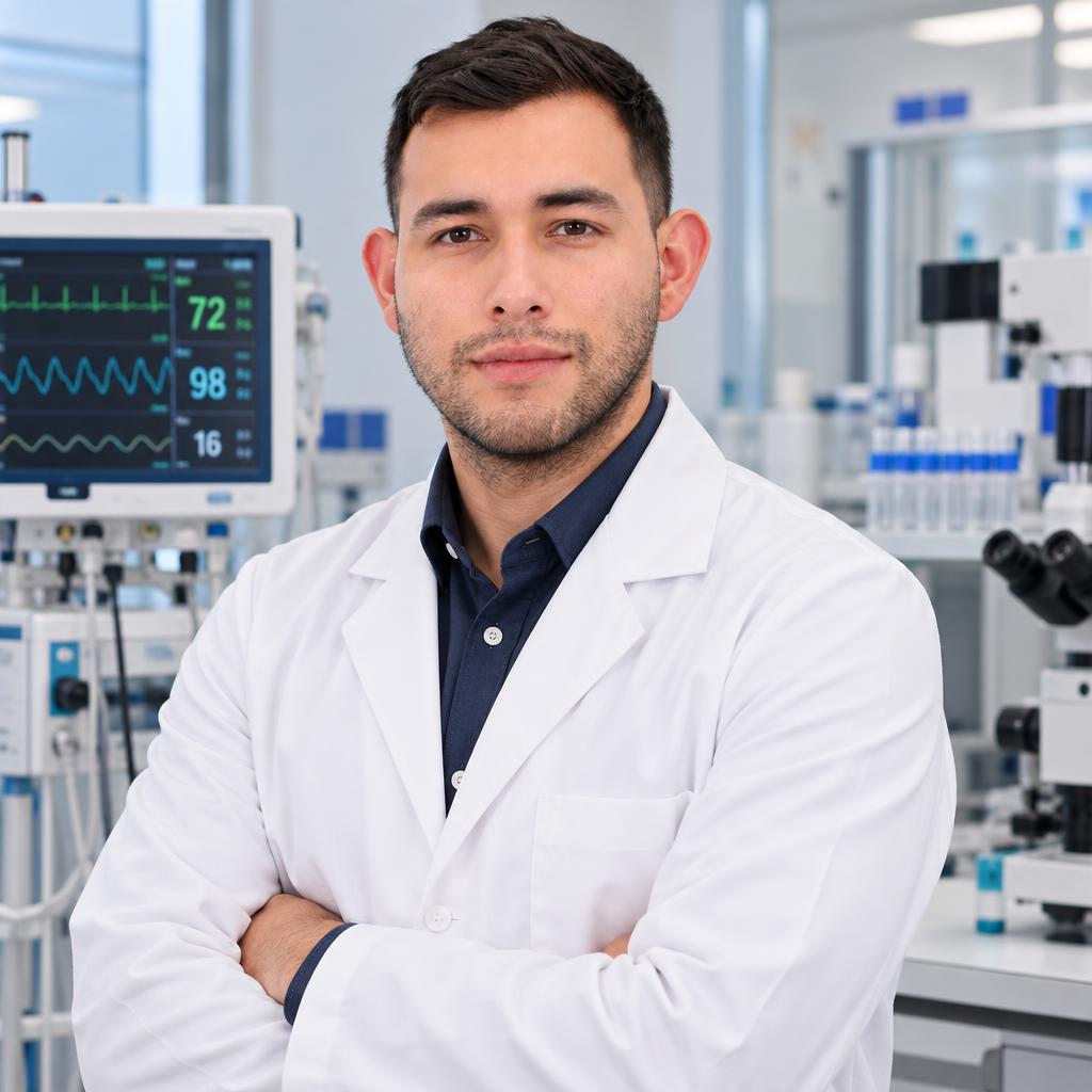 Retrato profesional generado con IA de Luis en un laboratorio biomédico